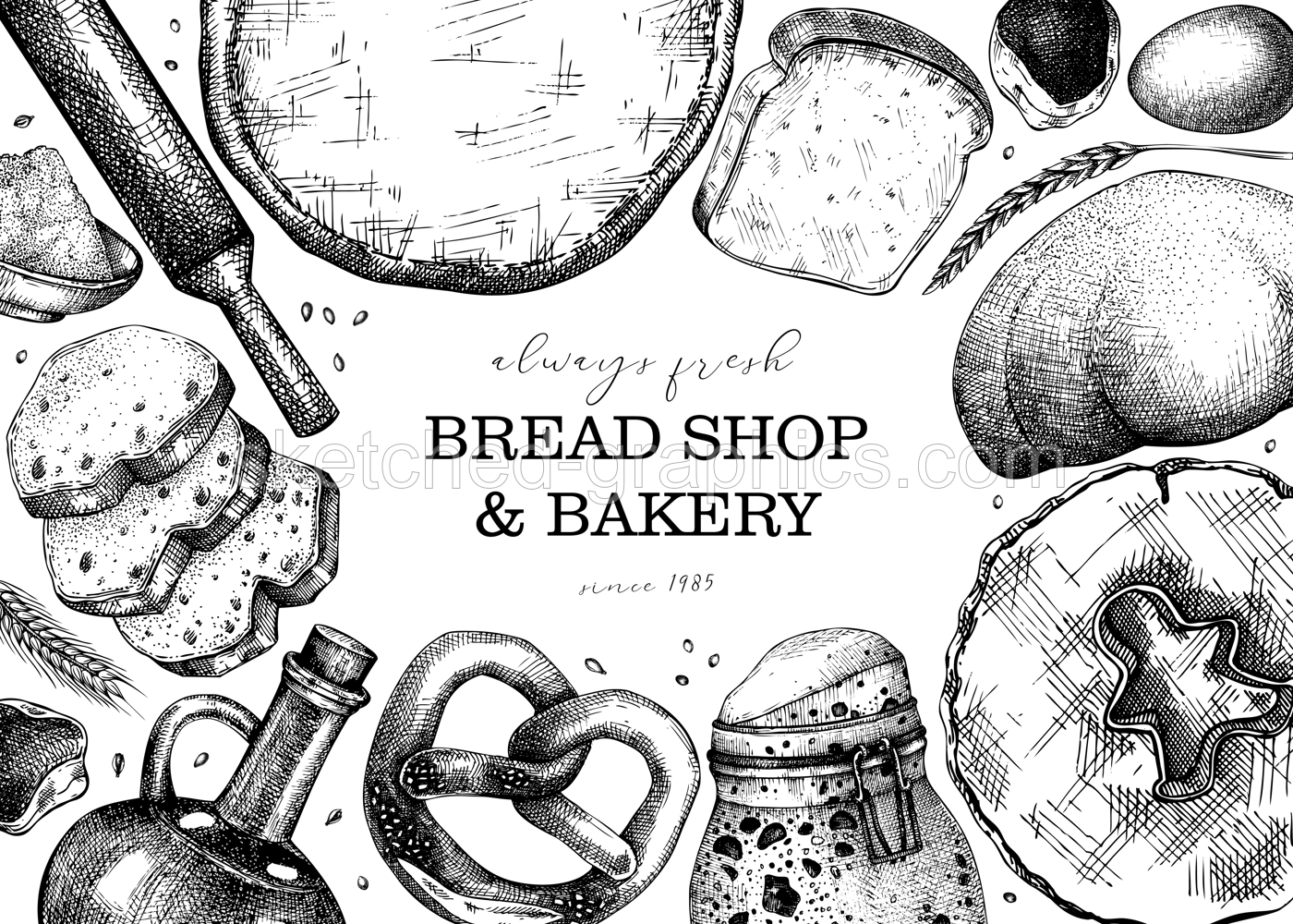 Vintage bakery shop background. Vector frame with baking ingredients, pastries, and bread sketches isolated on white. Hand drawn food illustration for bakery store, cafe menu, banner design.  Illustration